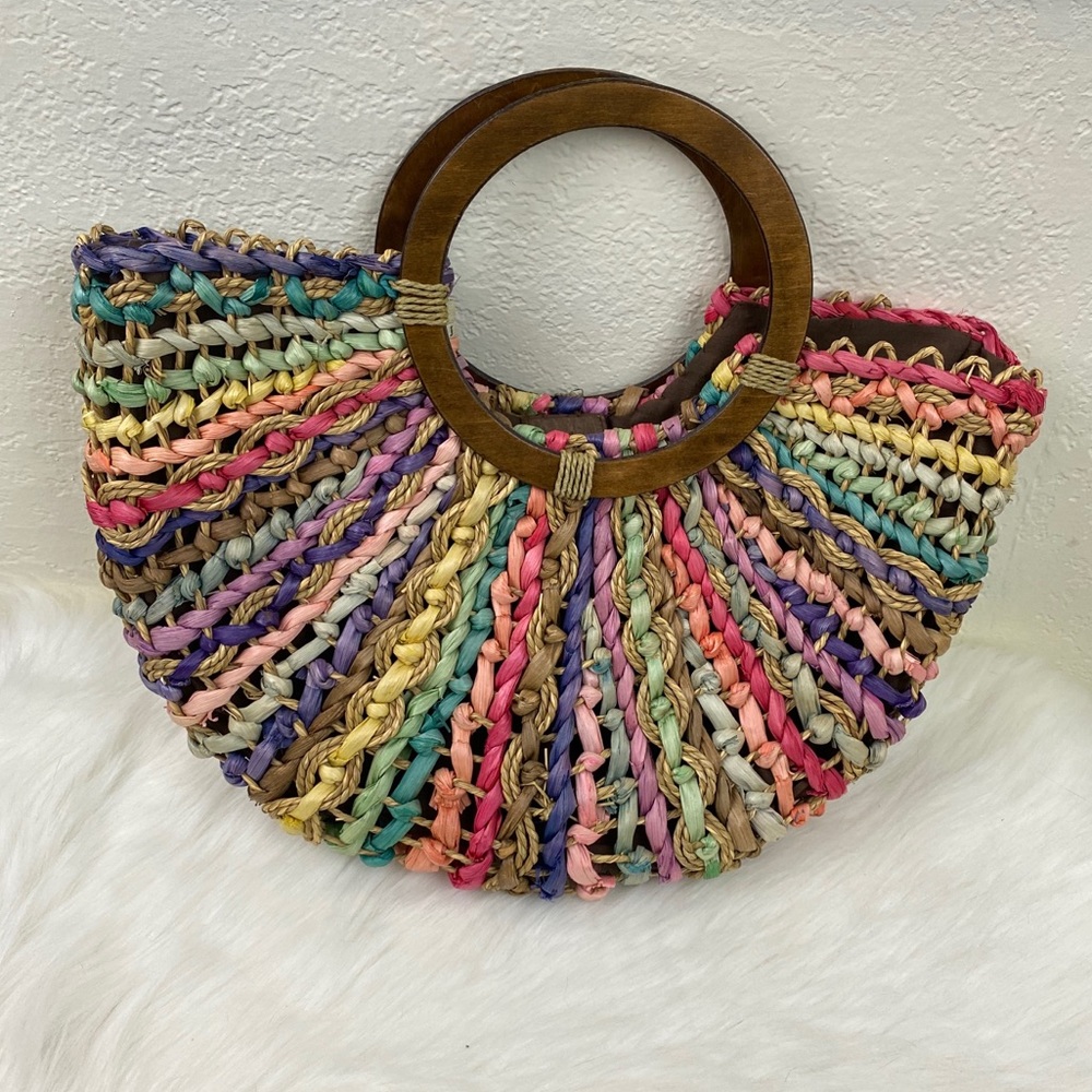 Vintage Multi Color straw bag round handle